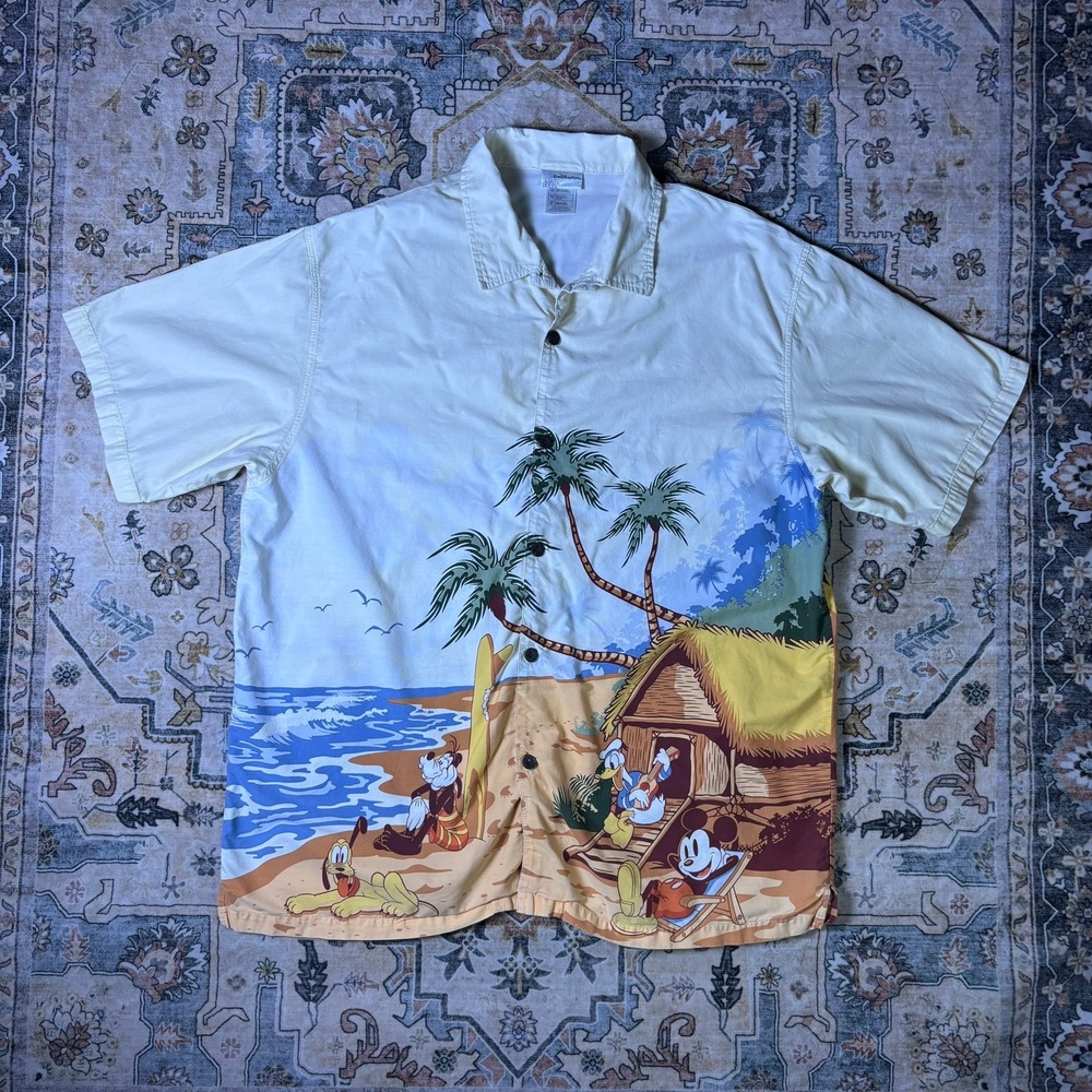 Walt Disney World Mickey Mouse Beach Scene Button Front Shirt Cream XL Men's